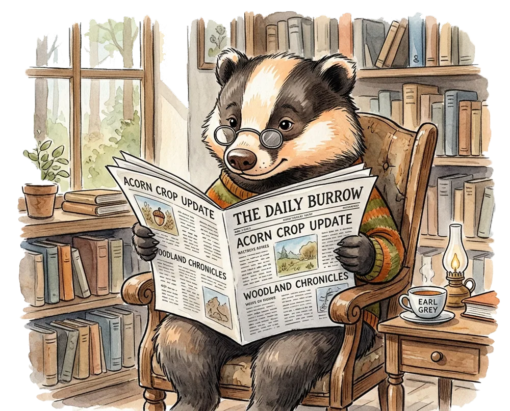 A watercolor illustration of a badger reading a newspaper